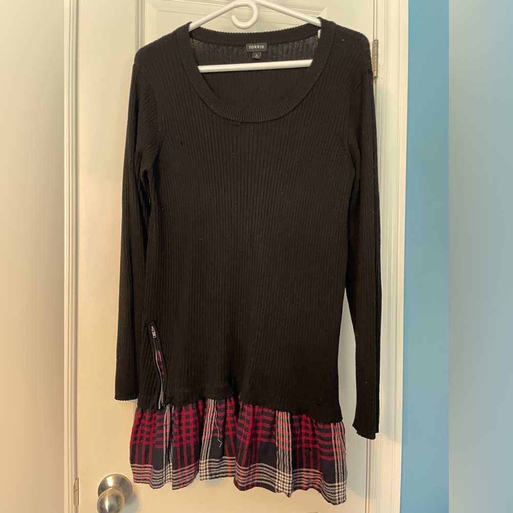 Torrid Black sweater with red plaid trim